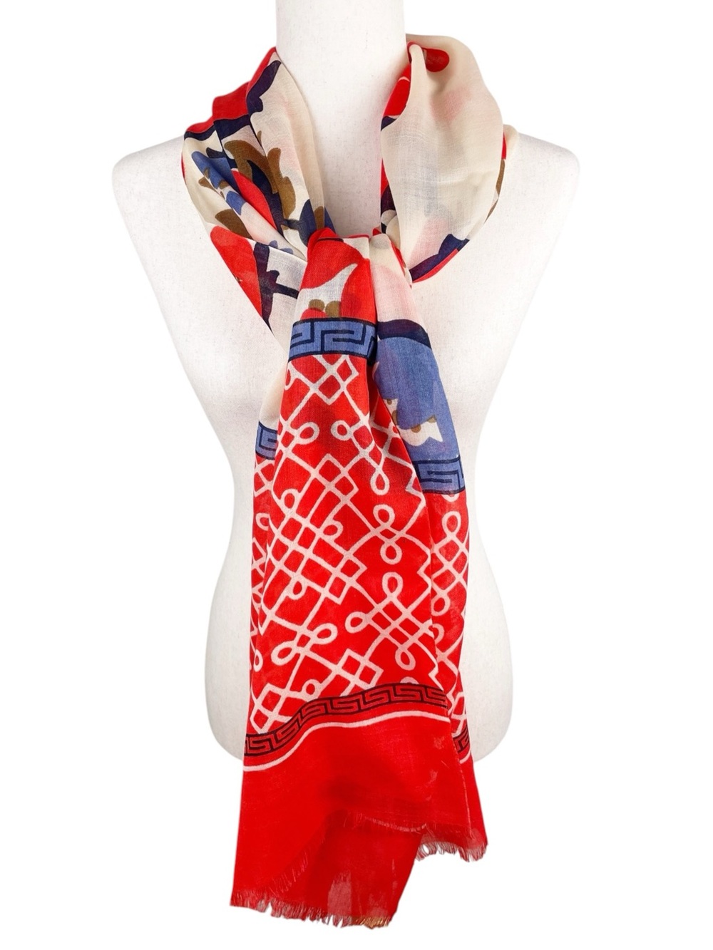 NEW Spartina 449 Peony Lattice Scarf 100% Wool Red Blue Cream Coastal Nautical - Picture 2 of 10
